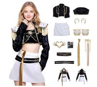 Kpop, Costume per cosplay, K-pop, Set completo con cintura e reggiseno a catena, da donna, con giacca e vestito con paillettes, per spettacoli teatrali, Halloween, Carnevale (color nero + oro, XL)