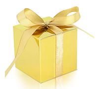 KPOSIYA 100 Pack Favor Boxes 2x2x2 inch Candy Boxes Gold Gift Boxes with Ribbons for Wedding Baby Shower Decorations Birthday Party Supplies