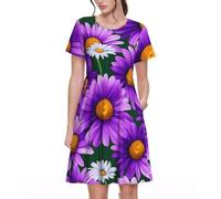 KPXXAQT Abito da donna alla moda con stampa a margherita viola, abbigliamento quotidiano, casual, a maniche corte, estivo, girocollo, Nero , XL