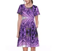 KPXXAQT Abito estivo a maniche corte casual con stampa campo viola lavanda abiti da donna eleganti da indossare tutti i giorni a girocollo, Nero , 3XL
