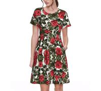 KPXXAQT Abito estivo casual a maniche corte con stampa di fiori rossi con foglie e foglie eleganti da indossare tutti i giorni, Nero , XL