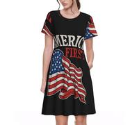 KPXXAQT America Prima Stampa Abiti Da Donna Alla Moda Abbigliamento Quotidiano Casual Manica Corta Estate Vestito Girocollo, Nero , L