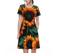 KPXXAQT Arancione Girasole Stampa di Carta da Parati Abiti Da Donna Alla Moda Abbigliamento Quotidiano Casual Manica Corta Abito Estivo, Nero , XXL