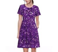 KPXXAQT Bella stampa glitter viola abiti da donna eleganti abbigliamento quotidiano casual manica corta abito estivo girocollo, Nero , XXL