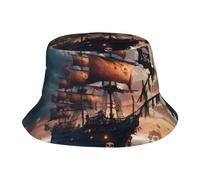KPXXAQT Cappello universale a tesa larga con stampa di nave pirata fantasia, protezione solare, comodo per avventure all'aria aperta, nero