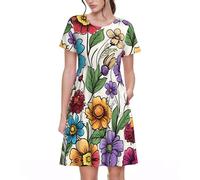 KPXXAQT Colorato Doodle Fiori Stampa Elegante Abiti Da Donna Abbigliamento Quotidiano Casual Manica Corta Abito Estivo Girocollo, Nero , XL