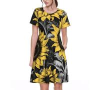 KPXXAQT Fiori di girasole stampa nera e gialla abiti da donna eleganti da indossare tutti i giorni casual a maniche corte abito estivo girocollo, Nero , 3XL