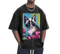 KPXXAQT La stampa di gatti di arte moderna della metà del secolo ospita facilmente diversi tipi di corpo casual manica corta traspirabilità moda, Nero , L