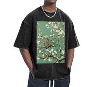 KPXXAQT Pittura Fiori di Mandorlo Stampa Facilità Accogliere Diversi Tipi di Corpo Casual Manica Corta Traspirabilità Moda, Nero , XL