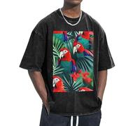 KPXXAQT Stampa pappagallo con fiori tropicali per adattarsi a diversi tipi di corpo, casual, a maniche corte, traspirante, alla moda, Nero , M