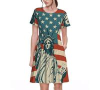 KPXXAQT Statua della libertà con stampa americana abiti da donna eleganti da indossare tutti i giorni casual a maniche corte abito estivo girocollo, Nero , L