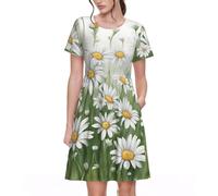 KPXXAQT Vestiti da donna eleganti con stampa a margherita bianca Abito estivo casual a maniche corte girocollo, Nero , S
