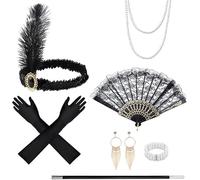 KQDRAVINE Set di 9 accessori anni '20, costume da donna anni '20, Great Gatsby, accessori da donna con fascia, guanti, collana in pizzo, scomparti pieghevoli