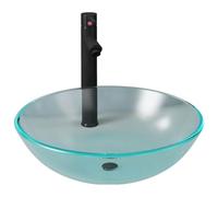 KQMNWMR Set di lavelli da appoggio rotondi neri con rubinetto, 7 pezzi | Effetto vetro opaco nero per WC degli ospiti e bagno, con valvola pop-up e cavi di alimentazione per un facile montaggio.