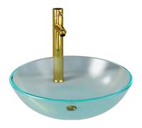 KQMNWMR Set lavello da appoggio con rubinetto, piletta dorata | Elegante lavabo per bagno e WC degli ospiti, in vetro temperato opaco da 12 mm, con miscelatore monocomando e valvola pop-up.