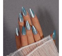 KQueenest Cat Eye Press On Nails con colla - Glitter Baby Blue Unghie da incollare a mandorla, Sparkle Bling finte unghie finte Set di unghie finte medie finte in acrilico di lusso per donne, 30 pezzi