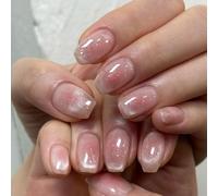 KQueenest Cat Eye Press On Nails French Tip - Set di 30 unghie finte con glitter ombré rosa da incollare, cofanetto corto con colla, in vetro luccicante per unghie finte da incollare per le donne