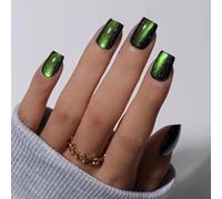 KQueenest Cat Eye Press On Nails - Set di 30 unghie corte da incollare, con colla, luccicanti e finte scure, per unghie artificiali da incollare, per donne, colore: verde fluo