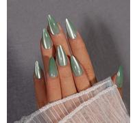 KQueenest Cat Eye Press On Nails - Set di 30 unghie finte con colla, colore verde chiaro, con mandorla, luccicanti e finte unghie finte, per donne