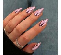 KQueenest Chrome Press On Nails - Chiodi rosa metallizzato da incollare a mandorla, effetto specchio, finte unghie finte da incollare, unghie finte in acrilico, per donne, 24 pezzi