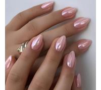 KQueenest Chrome Press On Nails, unghie corte con brillantini, rosa chiaro, da incollare a mandorla, luccicanti, finte, smaltate, rosa pastello, per donne, 30 pezzi