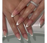 KQueenest French Tip Press On Nails Breve - 30 unghie rosa da incollare a mandorla corta, naturale finte unghie finte da incollare, in acrilico Full Cover French unghie per donne