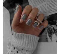 KQueenest Grigio Press On Nails Corto Rettangolare - Unghie artificiali da incollare corte, in tinta unita naturale, unghie finte da applicare, gel lucido Full Cover in acrilico per donne, 24 pezzi