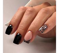 KQueenest Leopard Francese Acrilico Chiodi da incollare con progetto, Coffin Finte Nails da incollare su unghie finte in gel da donna, 24 pezzi