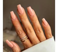 KQueenest Press On Nails - Confezione da 24 chiodi a mandorla lunga, forma quadrata, da incollare, colore rosa nude, lucidi, gel finti, unghie finte da incollare, ballerina, unghie finte in acrilico
