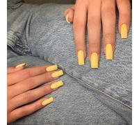 KQueenest Press On Nails - Confezione da 24 chiodi a mandorla lunga, forma quadrata, per unghie finte da incollare, colore giallo lucido