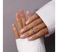 KQueenest Press on Nails - Set di 24 unghie corte rosa chiaro da incollare, quadrate, con glitter, con colla, per donne