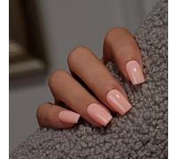 KQueenest Press on Nails - Set di 28 unghie finte rosa Sheer Nude da incollare con colla, tinta unita, rettangolari finte per donne e ragazze