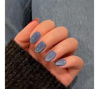 KQueenest Soft Gel Press on Nails Breve Ovale, Blu Scuro Cat Eye Press on Nails Short Mandorle, Sparkly Navy Fake Nails Set di unghie finte in vetro effetto specchio, Reusable Chrome Glue on Nails for