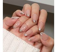 KQueenest Soft Gel Press on Nails French Tip - 30 chiodi da incollare a mandorla corta, glitter finte unghie con colla, naturale nude per donne