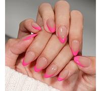 KQueenest Soft Gel Press on Nails French Tip - 30 unghie rosa calde da incollare a mandorla corta, punta francese finte unghie con colla, naturale nude unghie artificiali per donne da indossare tutti