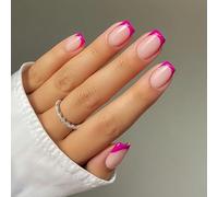 KQueenest Soft Gel Press On Nails French Tip - 30 unghie rosa calde da incollare, rettangolari, naturali finte, unghie finte, in acrilico lucido, per donne