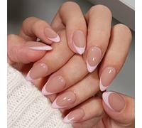 KQueenest Soft Gel Press on Nails French Tip - 30 unghie rosa pastello da incollare a mandorla corta, punta francese finte unghie con colla, naturale nude per donne