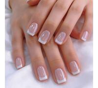 KQueenest Unghie finte a pressione bianche cromate corte quadrate, in morbido gel lucido con finitura lucida scintillante, 30 unghie finte artificiali rosa nudo a stiletto, set di unghie francesi