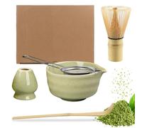 KQWVZ 5 Pezzi Matcha Kit, Frusta Matcha in Bambù Naturale, Paletta Bambù, Setaccio, Supporto per Frusta in Ceramica, Ciotola Tradizionale Per Matcha, Matcha Set per Preparare Il Regalo Ideal