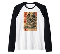 Kraken Mostro Mare Vintage Giornale Giapponese Horror Art Maglia con Maniche Raglan