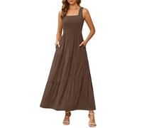 Kranda Vestito lungo senza maniche estivo 2025 da spiaggia lungo con scollo quadrato canotta maxi abito a strati con tasche, Marrone caffè., L