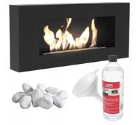KRATKI Delta Flat Caminetto a bioetanolo + ciottoli 1 kg + imbuto + biocarburante liquido 1 l | Fuoco reale a parete, biocontenitore 0,4 l, certificato TÜV | Acciaio, 40 x 90 cm, nero opaco