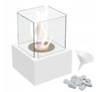KRATKI Tango2 Caminetto a bioetanolo + ciottoli + imbuto di riempimento Autoportante Biocontenitore 0,2 l Certificato TÜV In acciaio verniciato a polvere e 4 pannelli di vetro 35.3 x 25 cm Bianco