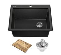 KRAUS Bellucci KGTW12-25MBL - Lavello da cucina in granito composito con montaggio superiore a vasca singola, 63,5 cm, colore: Nero metallizzato con accessori