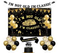 kreat4joy Decorazione vintage per feste a tema auto, con scritta "Man, I am not old I am Classic", sfondo glitterato per torte, fascia in lattice nero e oro, per auto d'epoca per 50°, 60°, 70°, 80°
