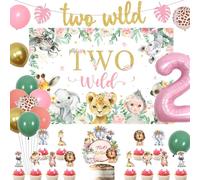 kreat4joy Due decorazioni di compleanno selvatiche per ragazza, rosa safari animali della giungla decorazioni per il 2° compleanno Wild Two Banner Cake topper per cupcake verde salvia rosa 2