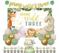 kreat4joy Giovane selvaggio e tre decorazioni, Jungle Safari 3° compleanno decorazioni sfondo banner giungla animale torta topper cupcake numero 3 palloncino in lamina per ragazzi 3° compleanno