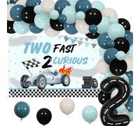 kreat4joy Two Fast Two Curious Decorazioni di compleanno Ragazzo, Auto da corsa 2° compleanno Decorazioni Palloncini Arco con sfondo a scacchi Numero 2 Palloncini in lamina Blu Nero Let's Go Racing