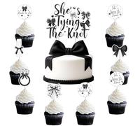 Kreatwow 25 decorazioni per torta con fiocco nero, con scritta in inglese "She's Tying The Knot", per cupcake, cupcake, decorazione per torta di compleanno, per addio al nubilato