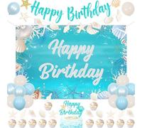 Kreatwow Decorazioni di compleanno con conchiglie blu, stelle marine oceaniche e conchiglie set di decorazioni di compleanno per ragazze con sfondo, striscione glitterato ghirlanda topper per torte e